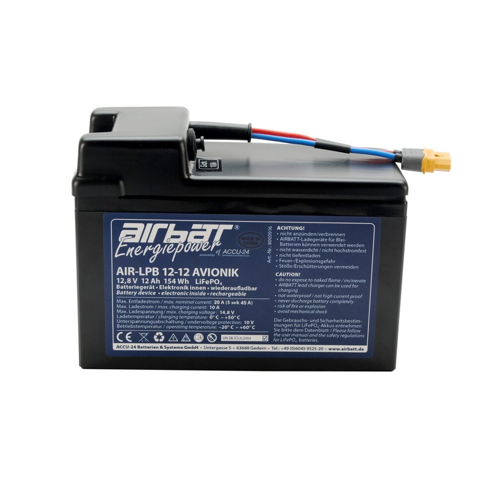 AIRBATT Energiepower AIR-LPB 12-12 AVIONIK 12,8V 12Ah LiFePO4 Avionikbatterie Polabdeckung mit 10A-Sicherungsautomat und XT60-Anschluss (Kupplung) mittig