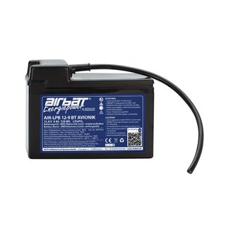 AIRBATT Energiepower AIR-LPB 12-9 BT AVIONIK 12,8V 9Ah LiFePO4 Avionikbatterie Polabdeckung mit 10A-Sicherungsautomat und Kabel mittig
