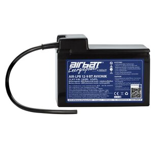 AIRBATT Energiepower AIR-LPB 12-9 BT AVIONIK 12,8V 9Ah LiFePO4 Avionikbatterie Polabdeckung mit 10A-Sicherungsautomat und Kabel stirnseitig