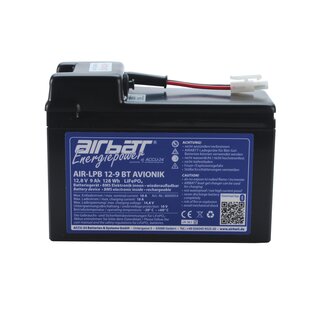 AIRBATT Energiepower AIR-LPB 12-9 BT AVIONIK 12,8V 9Ah LiFePO4 Avionikbatterie Polabdeckung mit 10A-Sicherungsautomat und Tamiya-Anschluss (Kupplung) mittig
