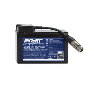 AIRBATT Energiepower AIR-LPB 12-9 BT AVIONIK 12,8V 9Ah LiFePO4 Avionikbatterie Polabdeckung mit 10A-Sicherungsautomat und XLR-Anschluss (Kupplung) mittig