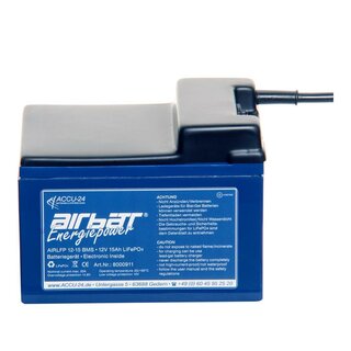 AIRBATT Energiepower LiFePO4 AIR-LFP 12-15 12,8V 15Ah Versorgungsbatterie Polabdeckung mit 10A-Sicherungsautomat und Kabel stirnseitig