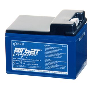 AIRBATT Energiepower LiFePO4 AIR-LFP 12-15 12,8V 15Ah Versorgungsbatterie Polabdeckung mit 10A-Sicherungsautomat und Tyco-Anschluss (Stecker) stirnseitig