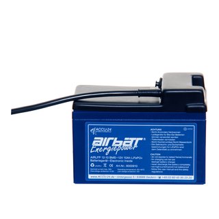 AIRBATT Energiepower LiFePO4 12,8V 10Ah Versorgungsbatterie Polabdeckung mit 10A-Sicherungsautomat und Kabel mittig