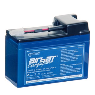 AIRBATT Energiepower LiFePO4 12,8V 10Ah Versorgungsbatterie Polabdeckung mit 10A-Sicherungsautomat und Tamiya-Anschluss (Kupplung) mittig