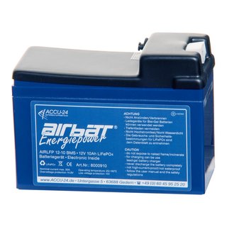 AIRBATT Energiepower LiFePO4 12,8V 10Ah Versorgungsbatterie Polabdeckung mit 10A-Sicherungsautomat und Tyco-Anschluss (Stecker) stirnseitig